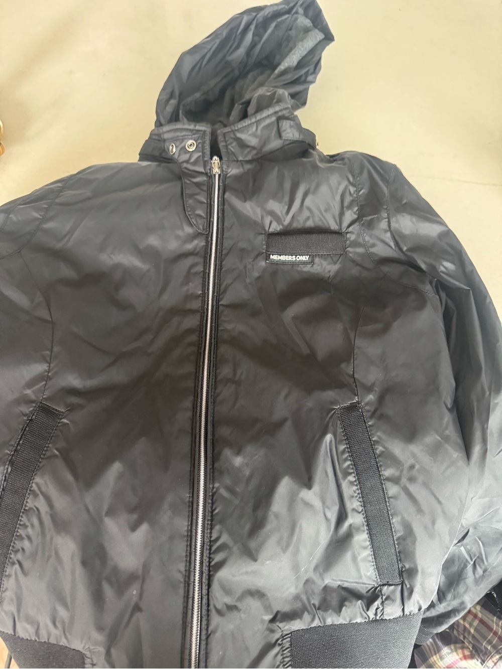 Members Only Black Hooded Windbreaker with Front Zip